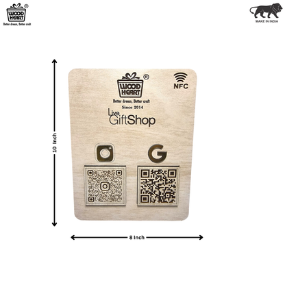 Wooden NFC & Dual QR Code Display Stand – Gift Shop Edition
