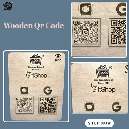 Wooden NFC & Dual QR Code Display Stand – Gift Shop Edition