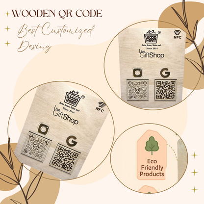 Wooden NFC & Dual QR Code Display Stand – Gift Shop Edition
