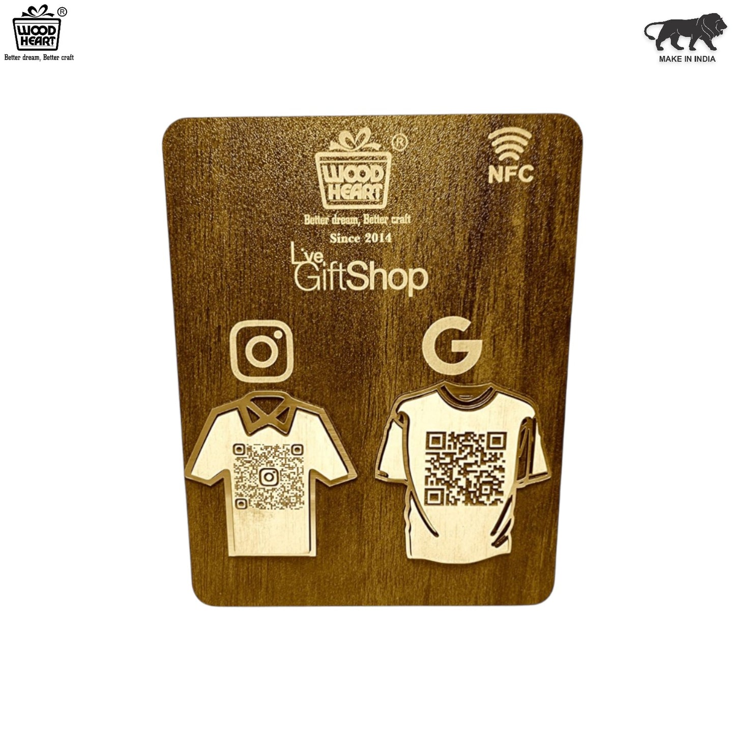 Wooden NFC & Dual QR Code Display Stand – T-Shirt Design Edition