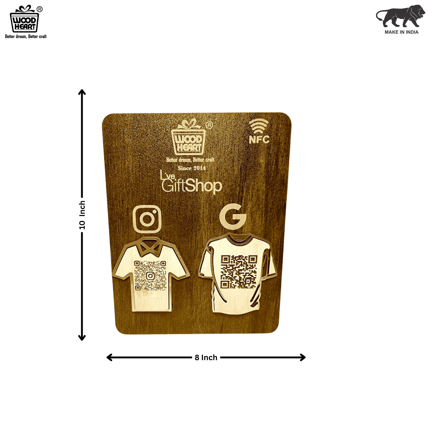 Wooden NFC & Dual QR Code Display Stand – T-Shirt Design Edition