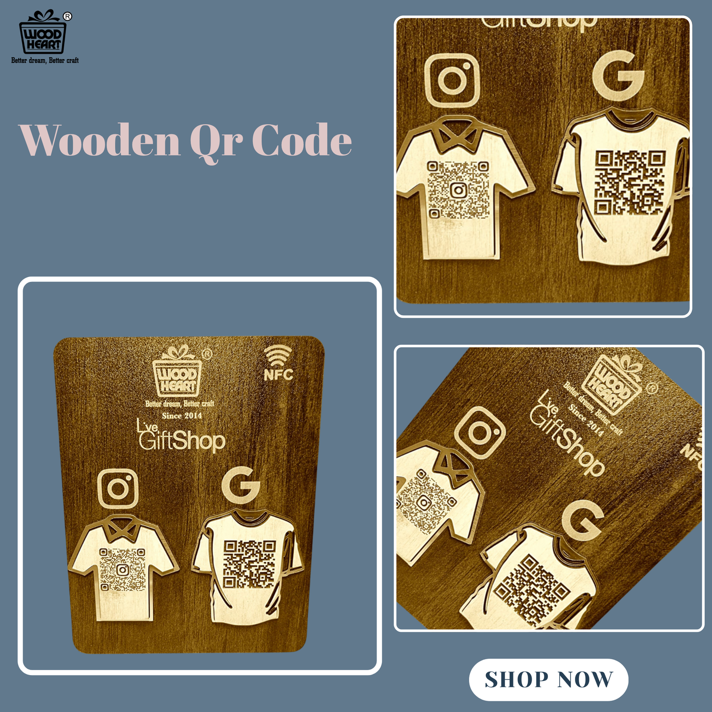 Wooden NFC & Dual QR Code Display Stand – T-Shirt Design Edition