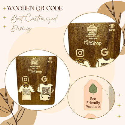 Wooden NFC & Dual QR Code Display Stand – T-Shirt Design Edition
