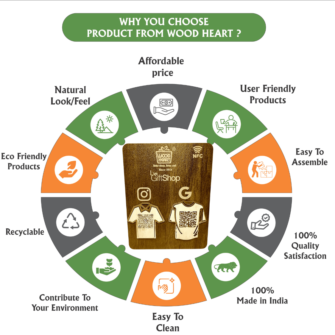 Wooden NFC & Dual QR Code Display Stand – T-Shirt Design Edition