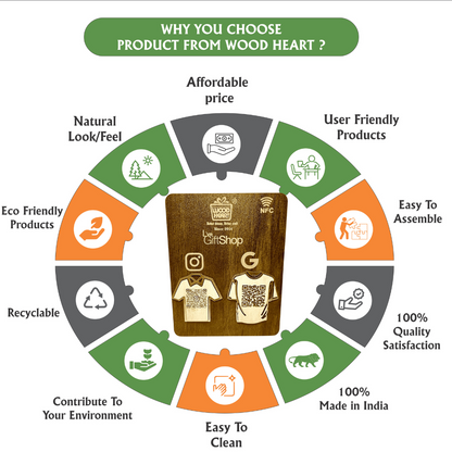 Wooden NFC & Dual QR Code Display Stand – T-Shirt Design Edition