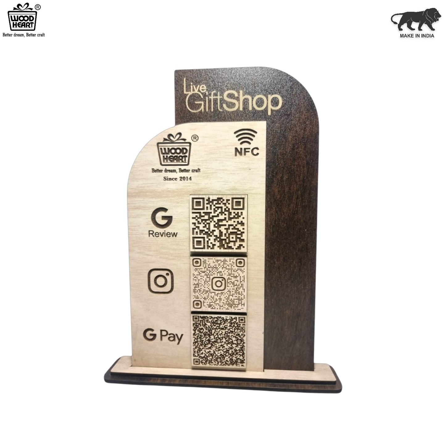 Wooden NFC & QR Code Stand – Live GiftShop Edition