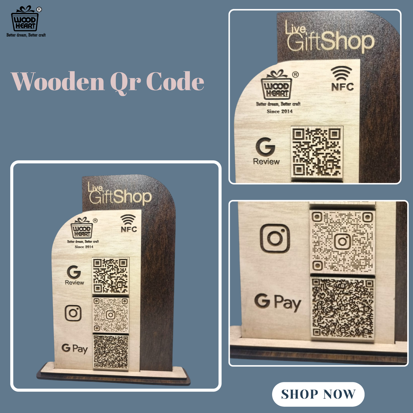 Wooden NFC & QR Code Stand – Live GiftShop Edition