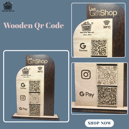 Wooden NFC & QR Code Stand – Live GiftShop Edition