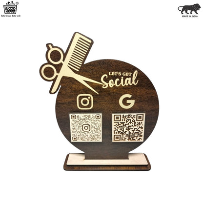 Wooden Barber Shop Social Media & Review QR Code Stand – “Let’s Get Social” Edition