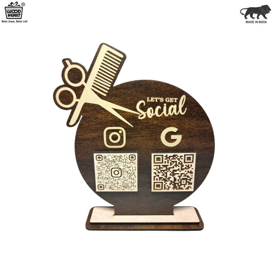 Wooden Barber Shop Social Media & Review QR Code Stand – “Let’s Get Social” Edition