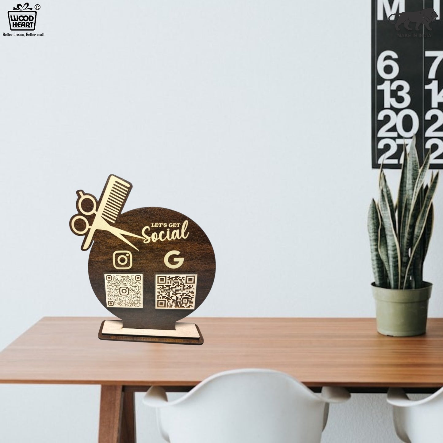 Wooden Barber Shop Social Media & Review QR Code Stand – “Let’s Get Social” Edition