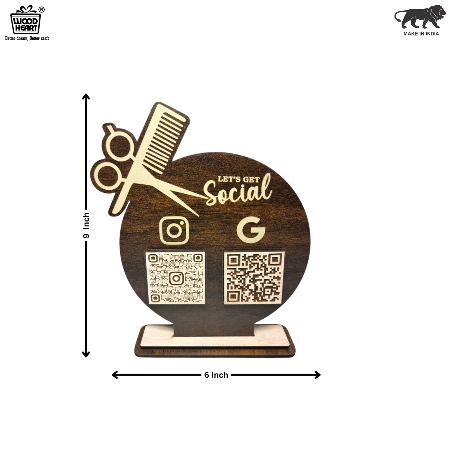 Wooden Barber Shop Social Media & Review QR Code Stand – “Let’s Get Social” Edition