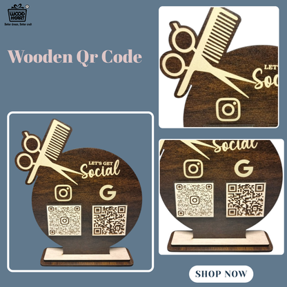 Wooden Barber Shop Social Media & Review QR Code Stand – “Let’s Get Social” Edition