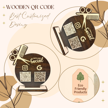 Wooden Barber Shop Social Media & Review QR Code Stand – “Let’s Get Social” Edition