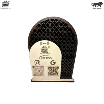 Wooden NFC & Dual QR Code Stand – GiftShop Edition with Lattice Design