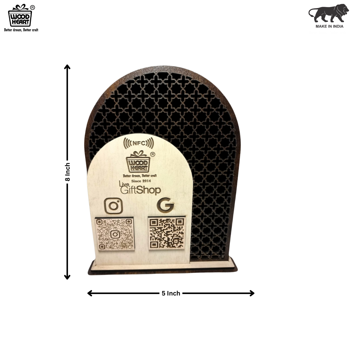 Wooden NFC & Dual QR Code Stand – GiftShop Edition with Lattice Design