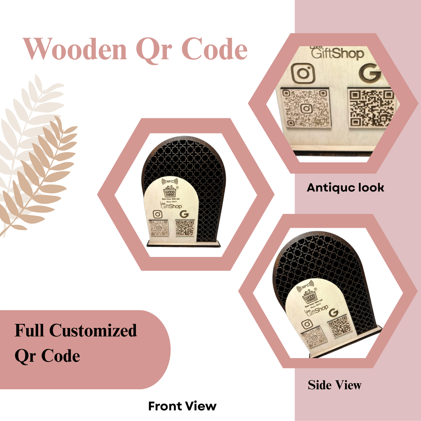 Wooden NFC & Dual QR Code Stand – GiftShop Edition with Lattice Design