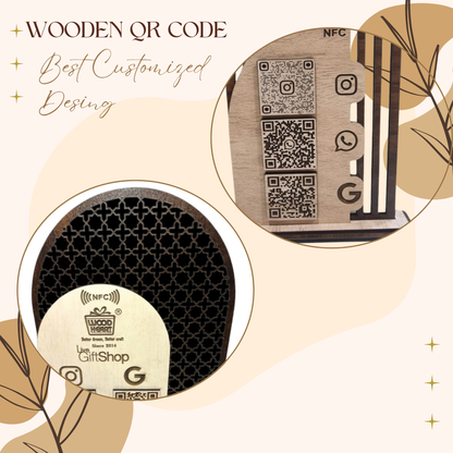 Wooden NFC & Dual QR Code Stand – GiftShop Edition with Lattice Design