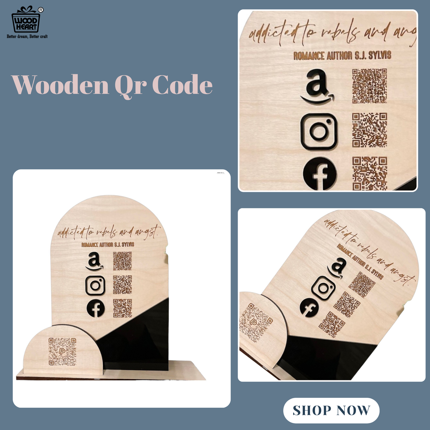 Custom Wooden Multi-QR Code Display Stand – Author Branding Edition