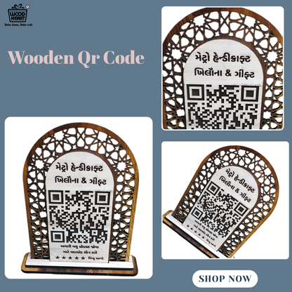Wooden QR Code Display Stand – Ornate Arch Design (Gujarati Engraving Edition)