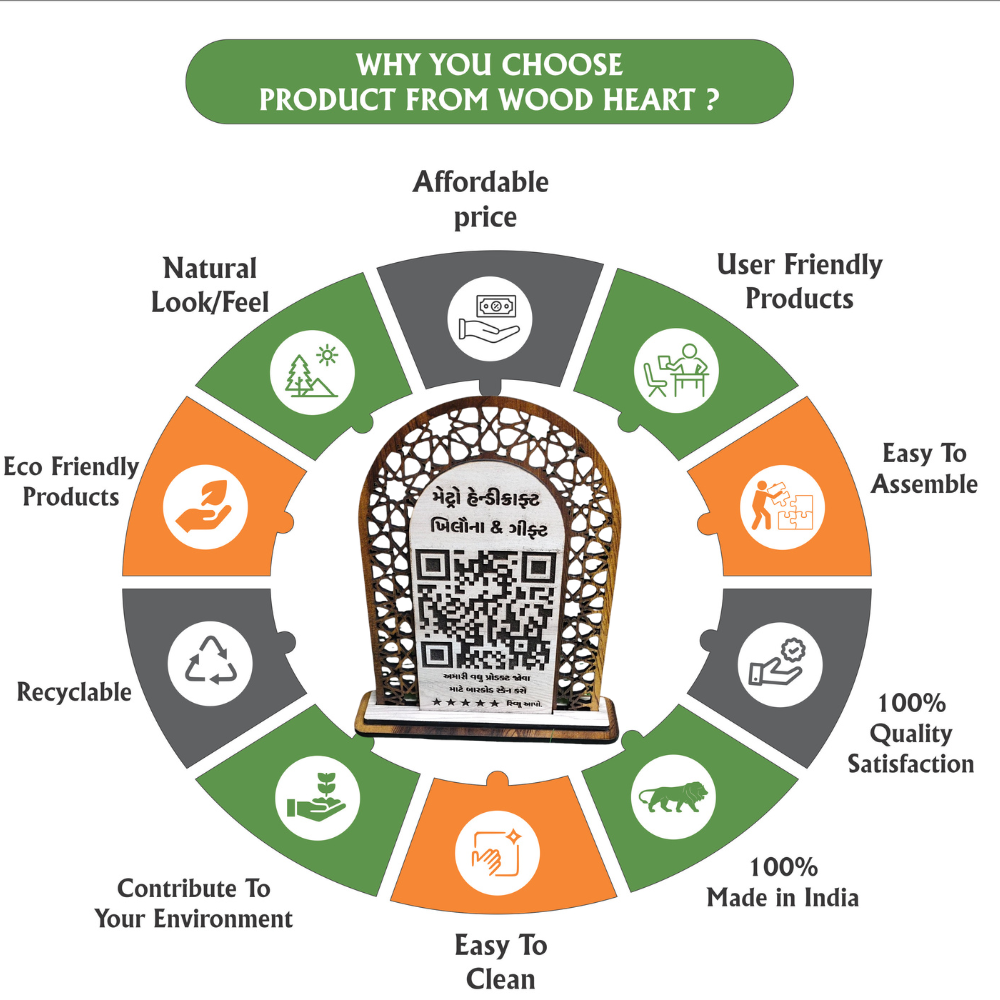 Wooden QR Code Display Stand – Ornate Arch Design (Gujarati Engraving Edition)