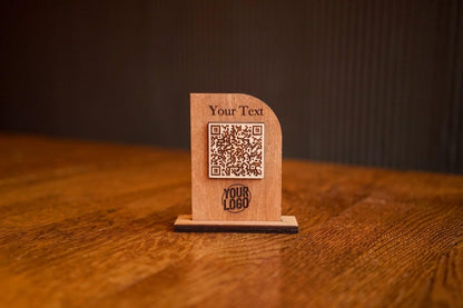 Custom Wooden QR Code Table Stand – Engraved Branding Display