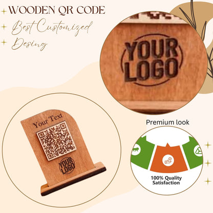 Custom Wooden QR Code Table Stand – Engraved Branding Display