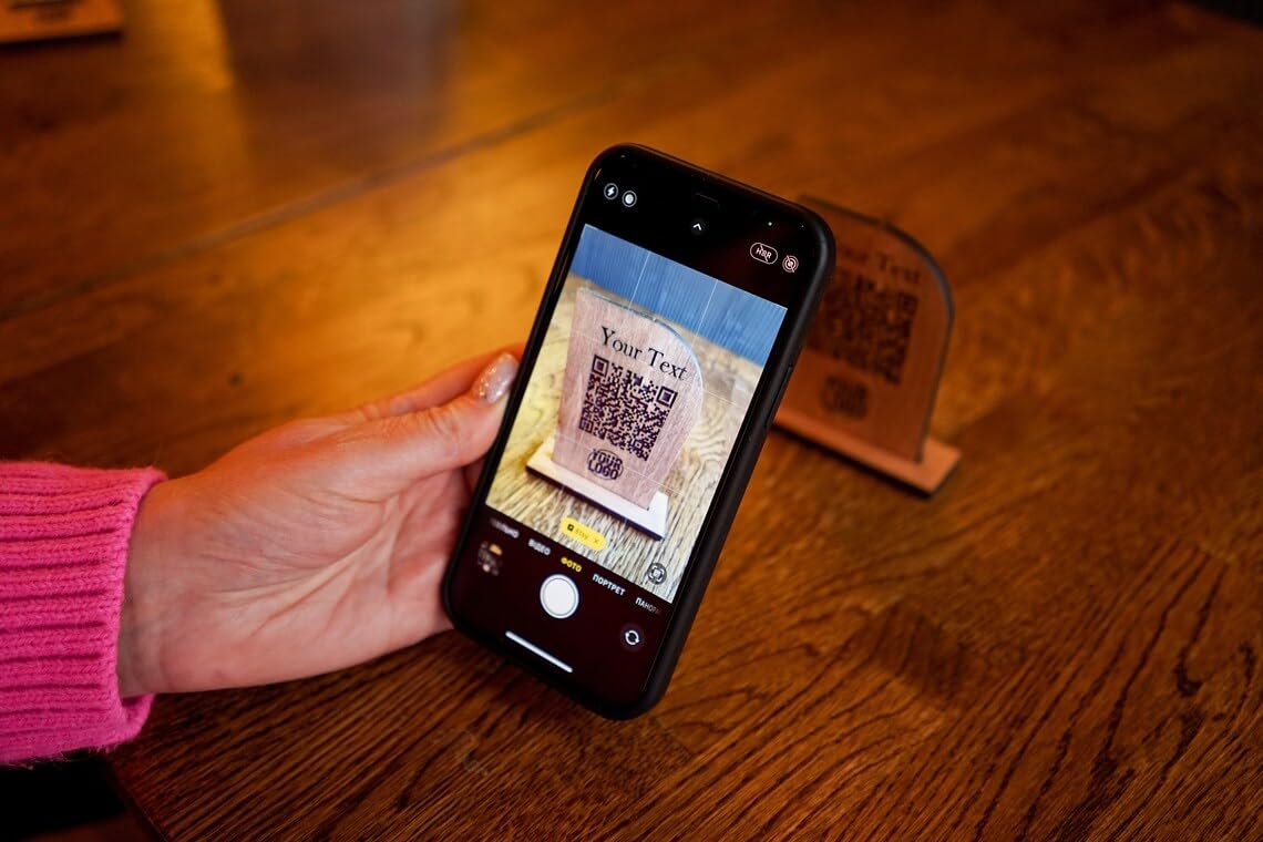 Custom Wooden QR Code Table Stand – Engraved Branding Display