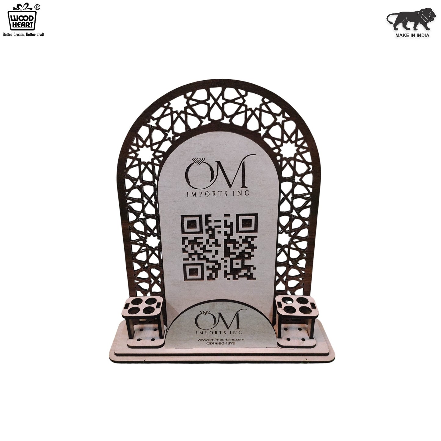 Wooden Laser-Cut Mobile Stand with Pen Holder & QR Display – OM Imports INC