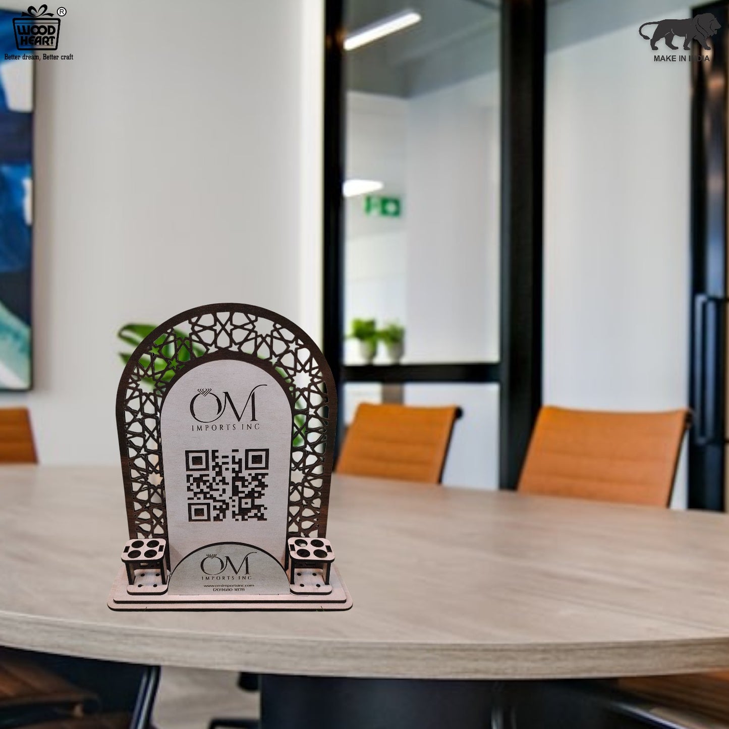 Wooden Laser-Cut Mobile Stand with Pen Holder & QR Display – OM Imports INC