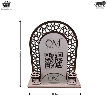 Wooden Laser-Cut Mobile Stand with Pen Holder & QR Display – OM Imports INC