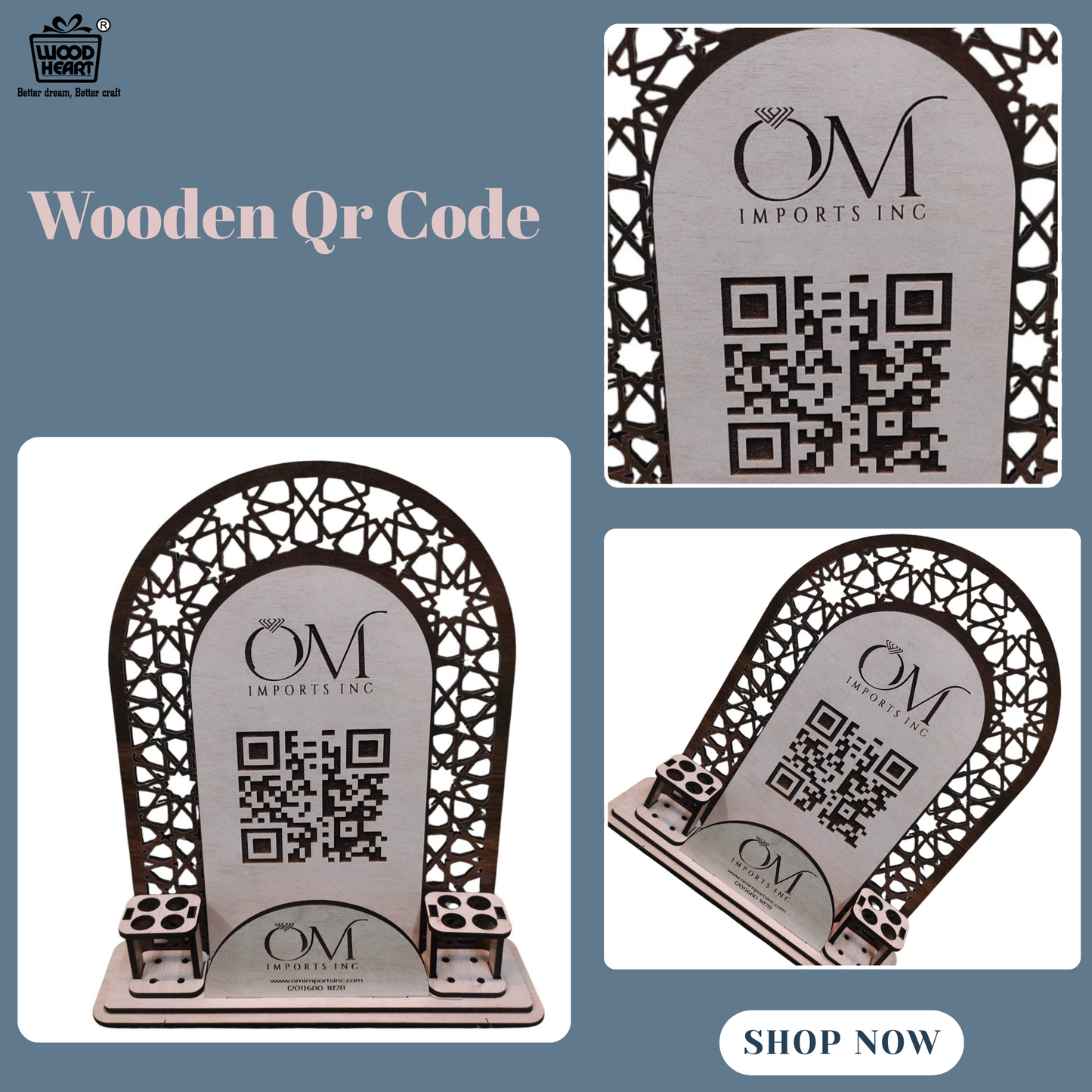 Wooden Laser-Cut Mobile Stand with Pen Holder & QR Display – OM Imports INC