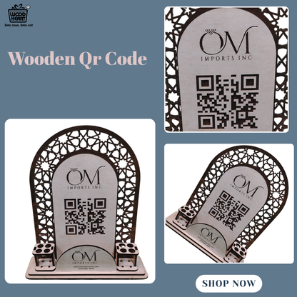Wooden Laser-Cut Mobile Stand with Pen Holder & QR Display – OM Imports INC