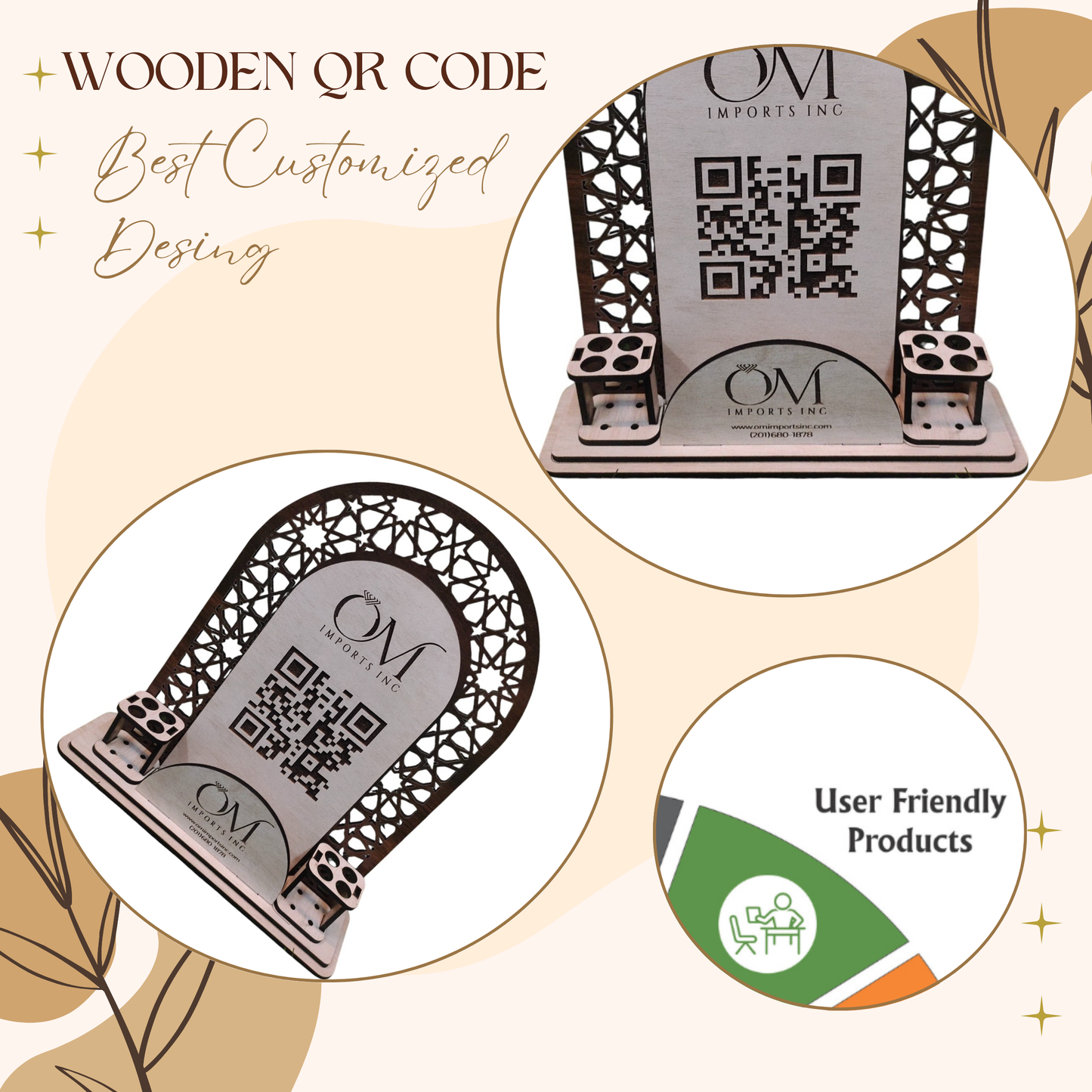 Wooden Laser-Cut Mobile Stand with Pen Holder & QR Display – OM Imports INC