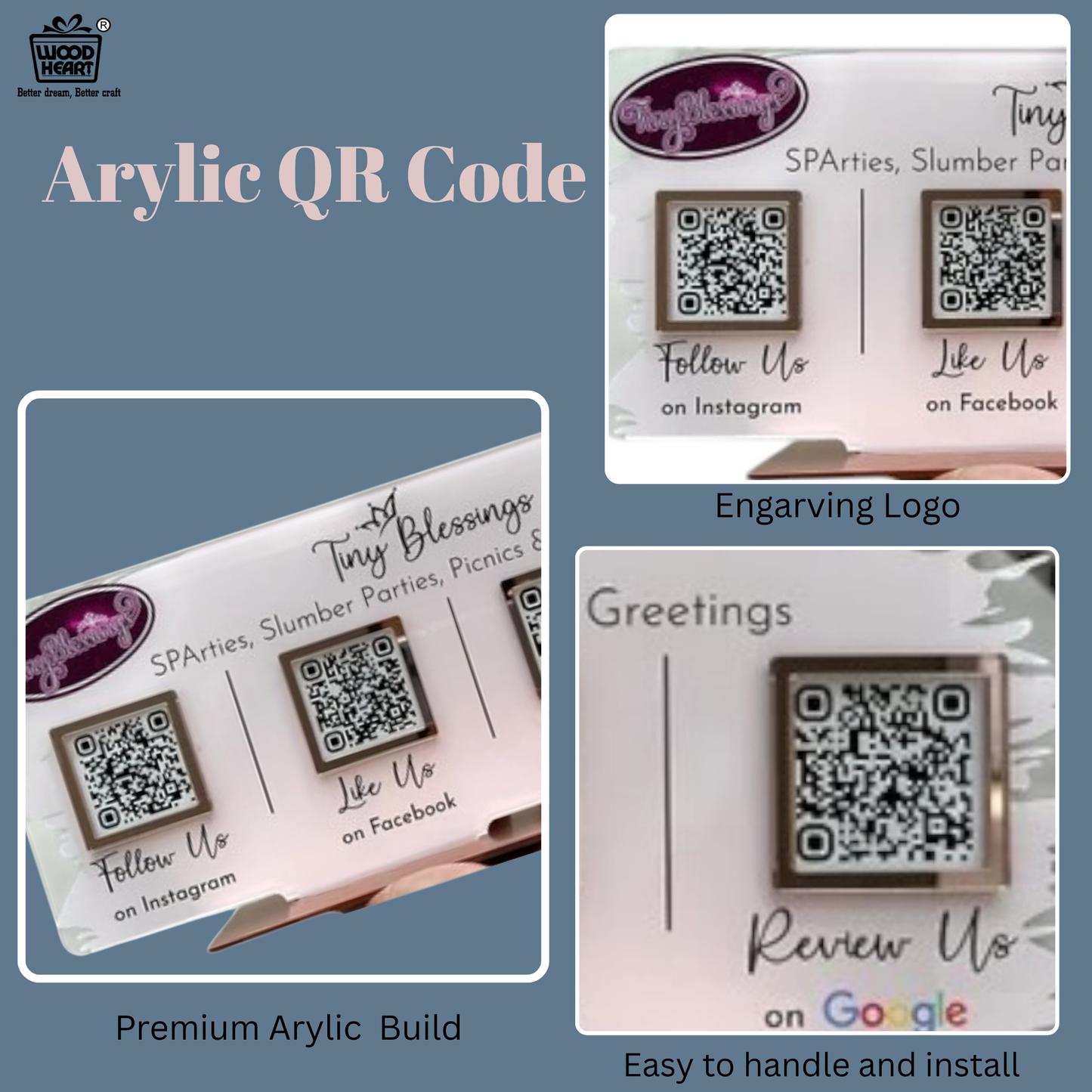 Custom Acrylic QR Code Display Stand – “Tiny Blessings” Social Media & Review Hub