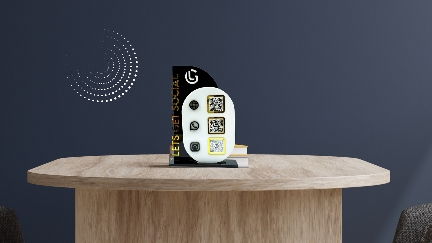 Modern Acrylic QR Code Display Stand – “Let’s Get Social” Vertical Edition