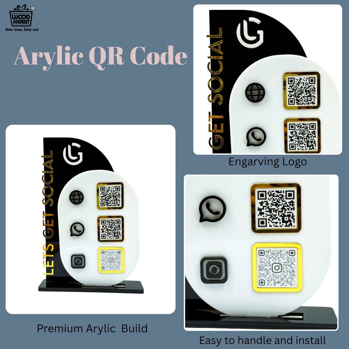 Modern Acrylic QR Code Display Stand – “Let’s Get Social” Vertical Edition