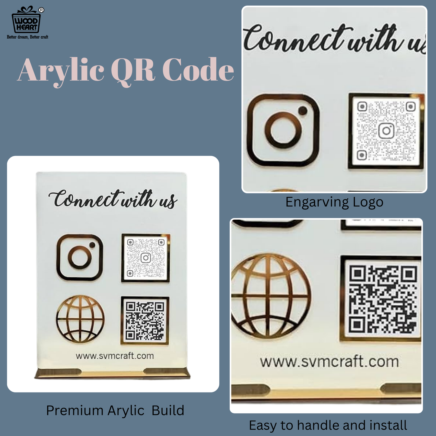 Premium Dual QR Code Social Media & Website Display Stand – “Connect with Us”