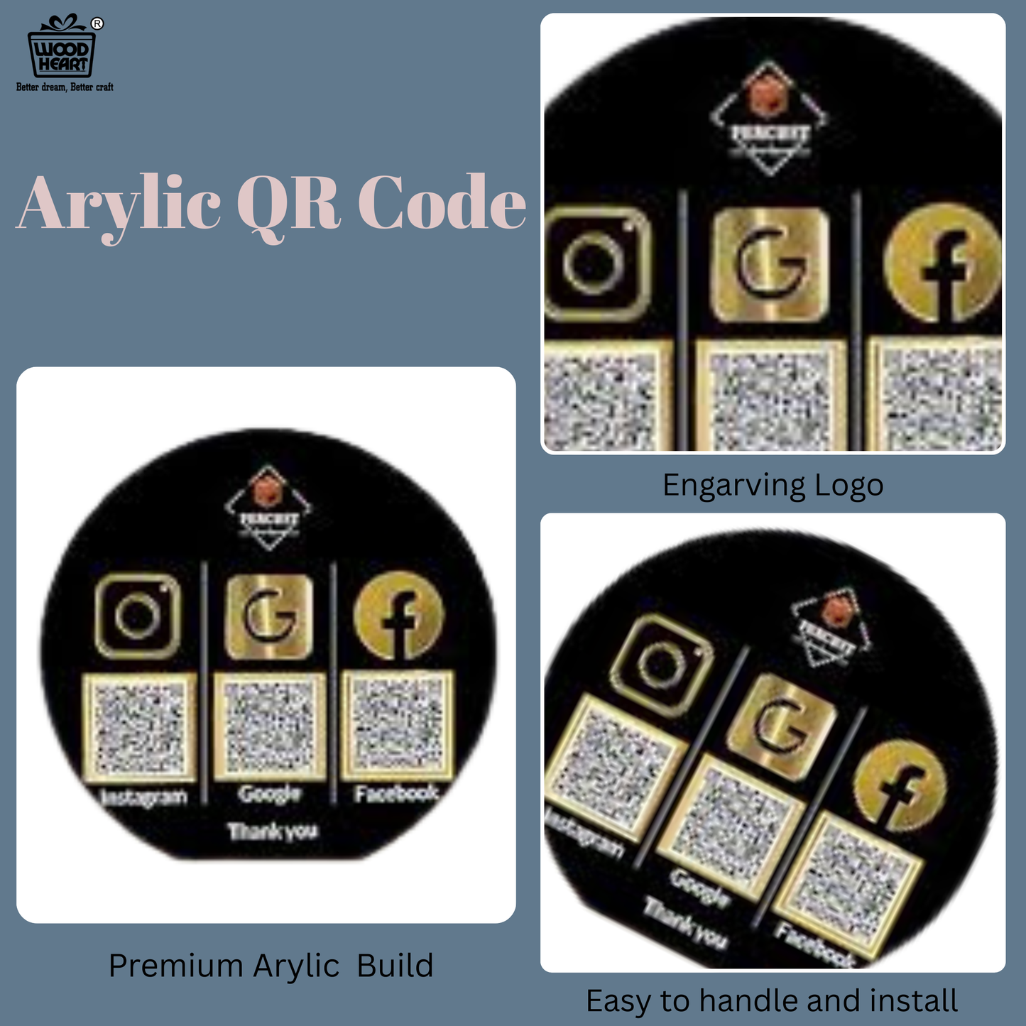 Round Black Acrylic Social Media QR Code Display – Instagram, Google & Facebook