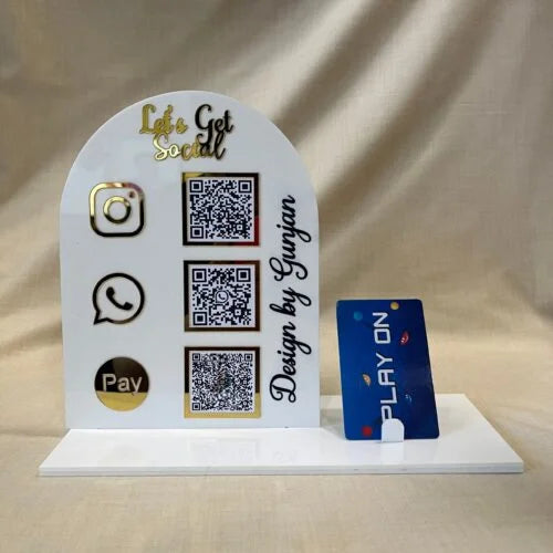 White Acrylic Social Media & Payment QR Code Stand with Card Holder – Instagram, WhatsApp & Pay