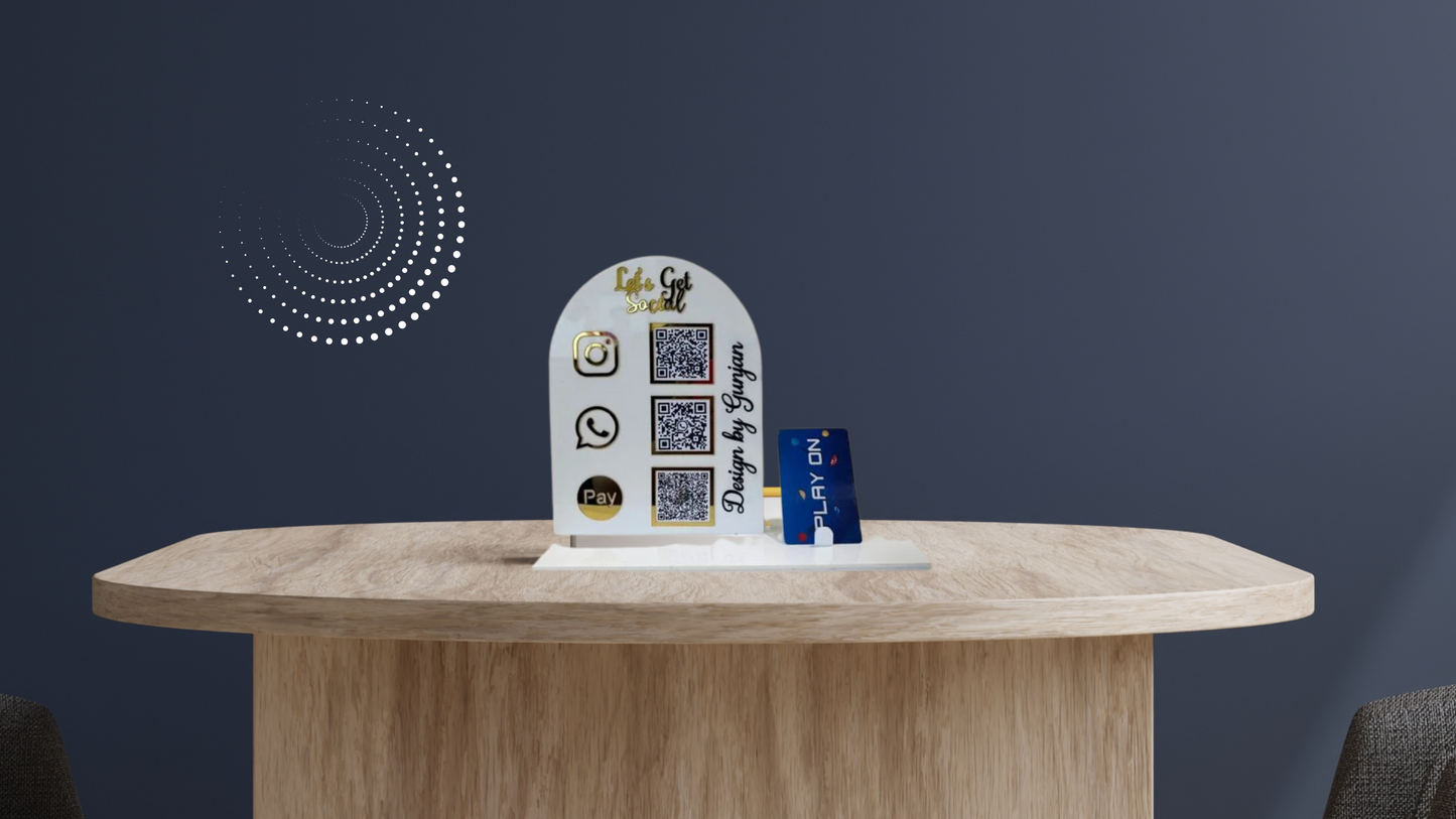 White Acrylic Social Media & Payment QR Code Stand with Card Holder – Instagram, WhatsApp & Pay