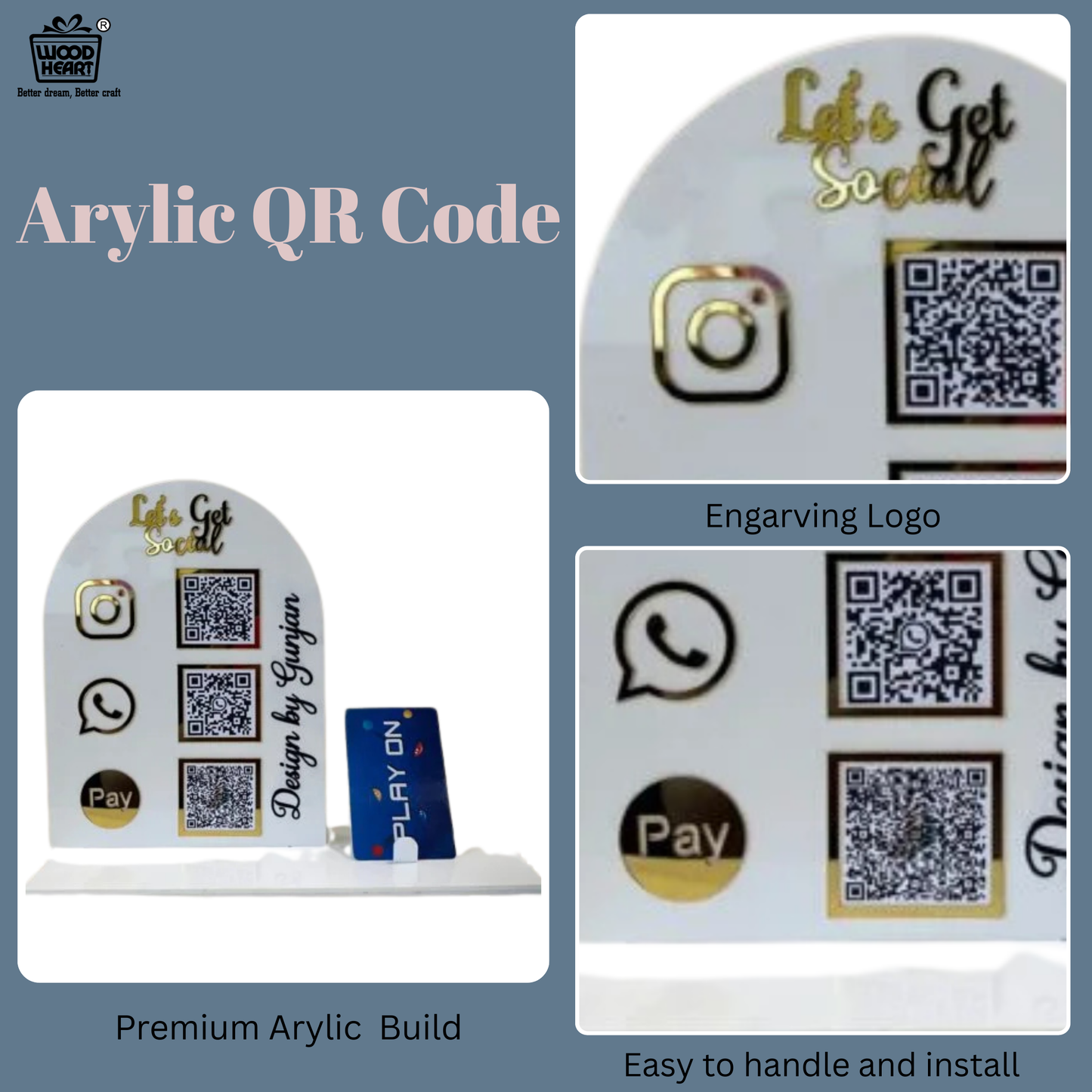White Acrylic Social Media & Payment QR Code Stand with Card Holder – Instagram, WhatsApp & Pay