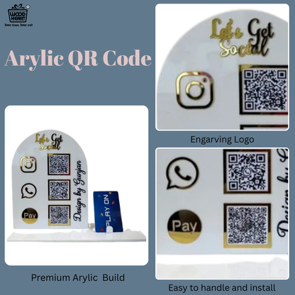 White Acrylic Social Media & Payment QR Code Stand with Card Holder – Instagram, WhatsApp & Pay