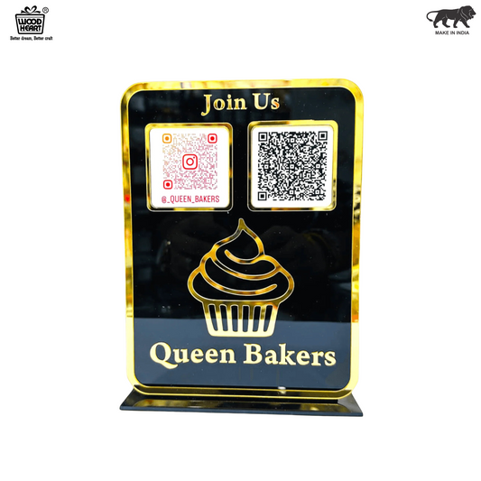 Black & Gold Acrylic Bakery QR Code Stand – Queen Bakers Social Media & Payment Display