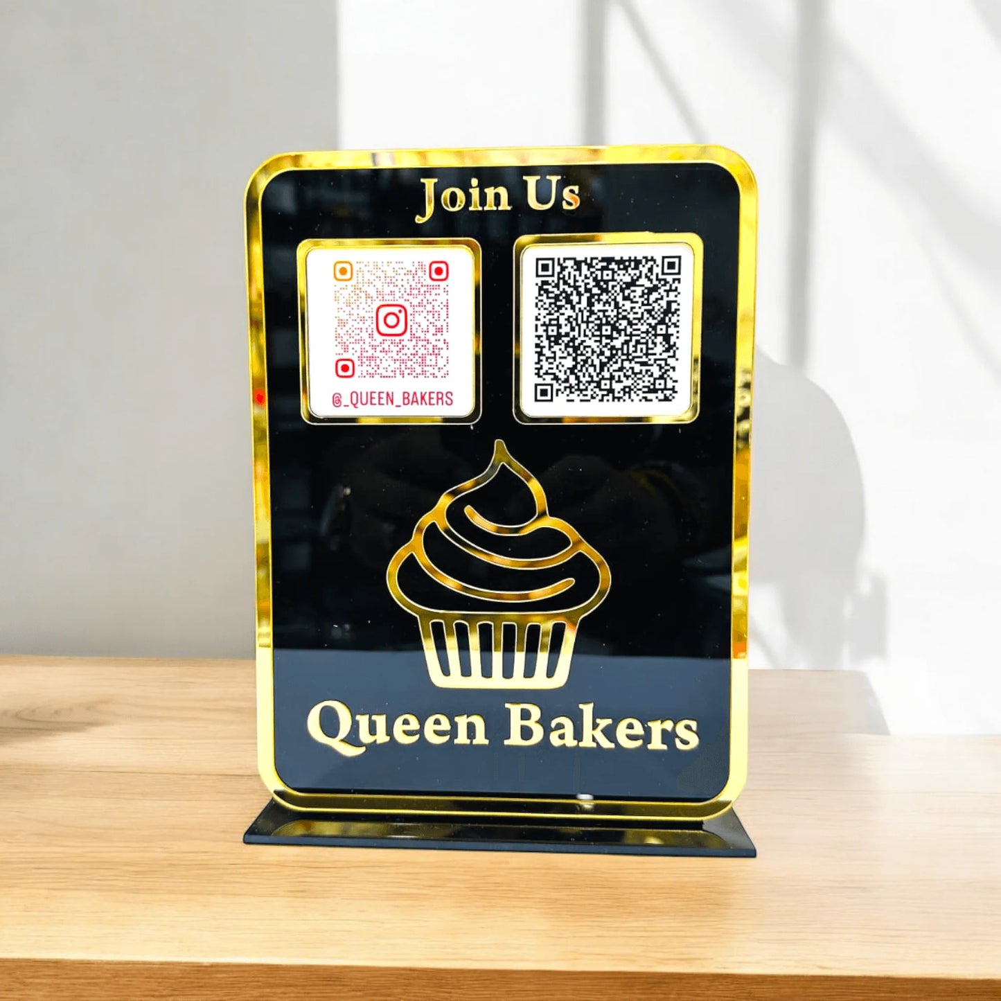 Black & Gold Acrylic Bakery QR Code Stand – Queen Bakers Social Media & Payment Display