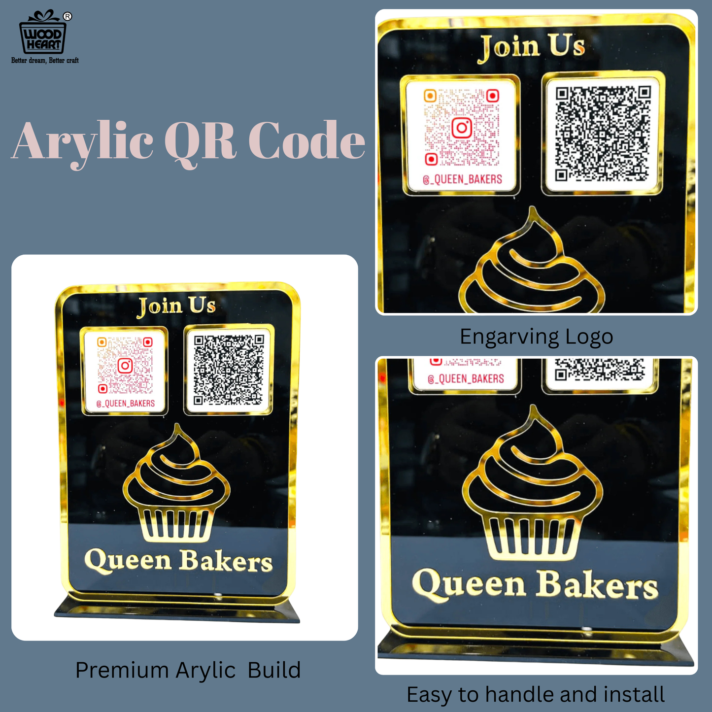 Black & Gold Acrylic Bakery QR Code Stand – Queen Bakers Social Media & Payment Display