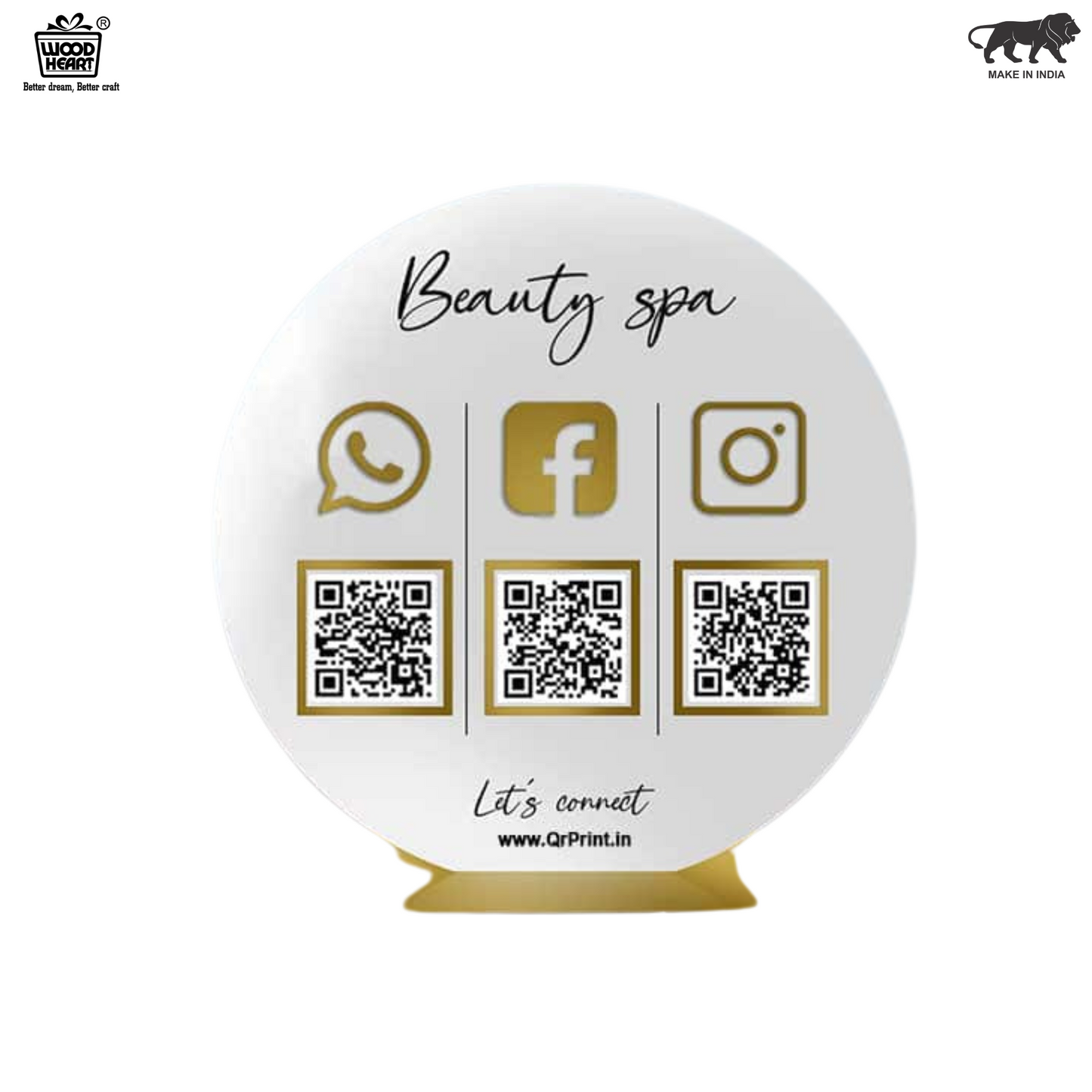 Round White & Gold Acrylic Social Media QR Code Stand – Beauty Spa Contact Display