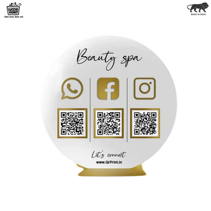 Round White & Gold Acrylic Social Media QR Code Stand – Beauty Spa Contact Display