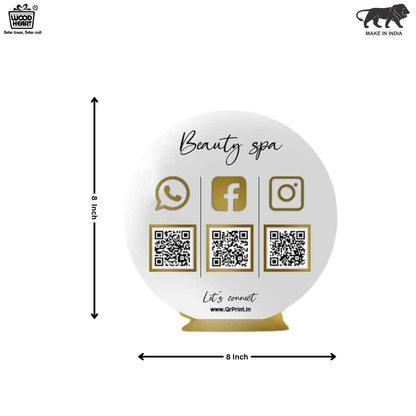 Round White & Gold Acrylic Social Media QR Code Stand – Beauty Spa Contact Display