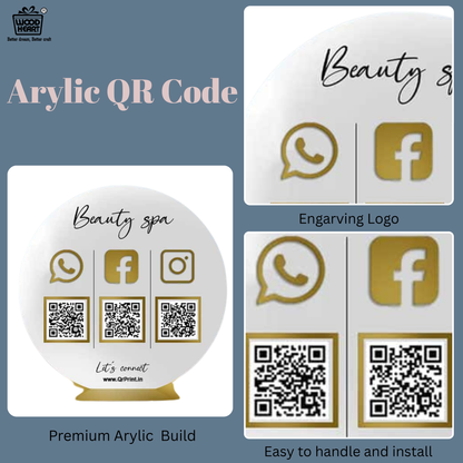 Round White & Gold Acrylic Social Media QR Code Stand – Beauty Spa Contact Display